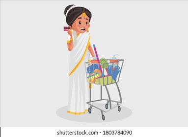 Vector graphic illustration. Indian Malayali woman is holding ATM card and shopping cart in hand. Individually on a grey background.	