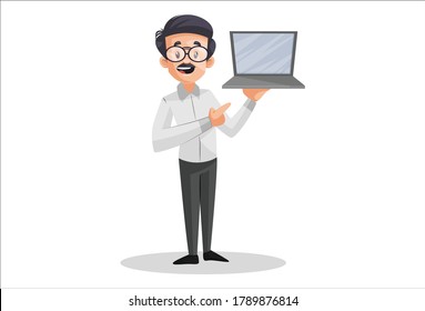 Vector Graphic Illustration. Indian Male Teacher Is Showing Laptop For Online Education. Individually On A White Background.	