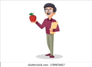 Vector graphic illustration. Indian male teacher is holding apple and book in hand. Individually on a white background.	