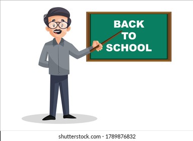 Vector graphic illustration. Indian male teacher is pointing to board. Lettering text- back to school. Individually on a white background.	