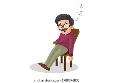 Vector graphic illustration. Indian male teacher is sleeping on chair. Individually on a white background.	