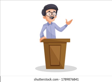 Vector graphic illustration. Indian male teacher is giving speech standing over podium. Individually on a white background.	