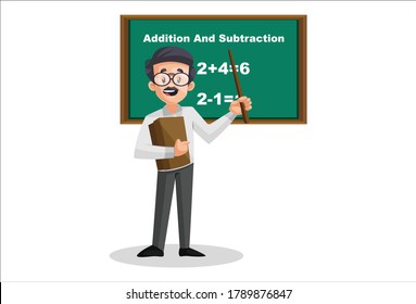 Vector Graphic Illustration. Indian Male Teacher Is Teaching Maths In Class. Individually On A White Background.	