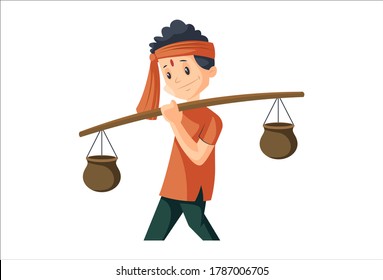 Vector graphic illustration. An Indian man is picking clay pots on her shoulders. Individually on a white background.	