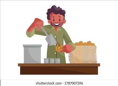 Vector graphic illustration. An Indian man is selling pani puri on street. Individually on white background.	