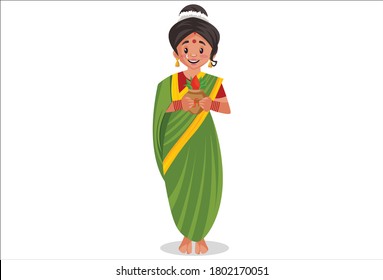 Ilustración gráfica vectorial. Una maratí india está sosteniendo un jarrón de culto en las manos. Individualmente sobre un fondo blanco.	