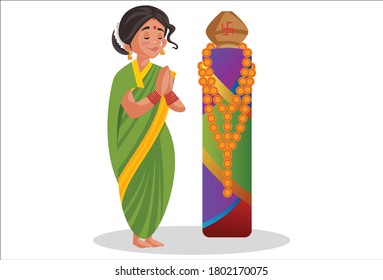 Vector graphic illustration. Indian Marathi woman is doing worship. Individually on a white background.	