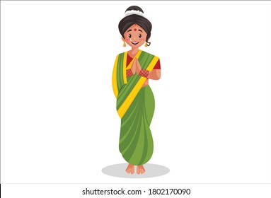 Vector graphic illustration. Indian Marathi woman is with greet. Individually on a white background.	