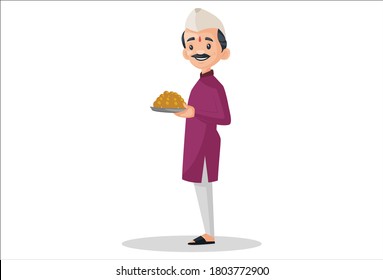 Vector graphic illustration. Indian Marathi man is holding sweets plate in his hands. Individually on a white background.	