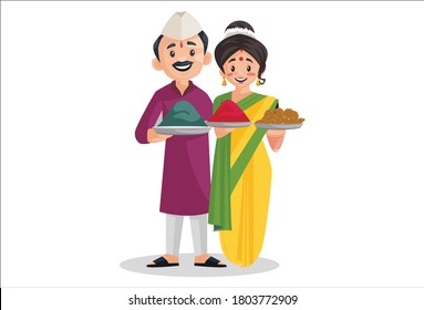 Vector graphic illustration. Indian Marathi couple is holding sweets and color plate in her hands. Individually on a white background.	