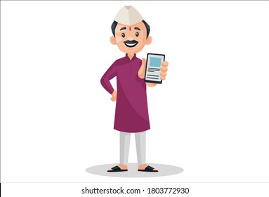 Vector graphic illustration. Indian Marathi man is holding mobile phone in hand. Individually on a white background.	