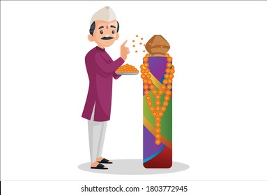 Ilustración gráfica vectorial. Un hombre maratí indio sostiene un plato de flores en la mano y adoran. Individualmente sobre un fondo blanco.