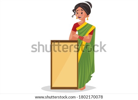 Vector graphic illustration. Indian Marathi woman is holding an empty board in hand. Individually on a white background.	