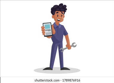 Vector graphic illustration. Indian mechanic is showing smartphone for online application. Individually on a white background.	