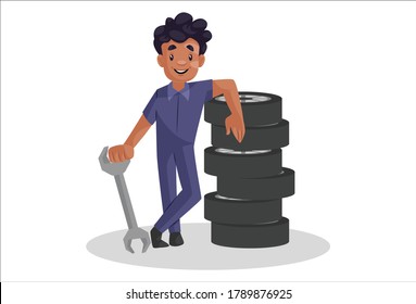 Vector graphic illustration. Indian mechanic is standing with wheels and wrench. Individually on a white background.	