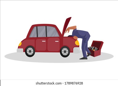 Vector graphic illustration. Indian mechanic is repairing car engine with toolbox. Individually on a white background.	