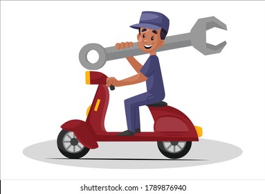 Vector graphic illustration. Indian mechanic is riding a scooter and holding wrench on shoulder. Individually on a white background.	