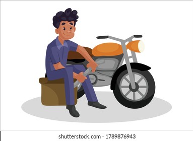 Vector graphic illustration. Indian mechanic is repairing motorcycle. Individually on a white background.	