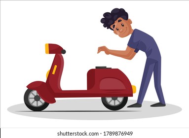 Vector graphic illustration. Indian mechanic is checking petrol tank of scooter. Individually on a white background.	