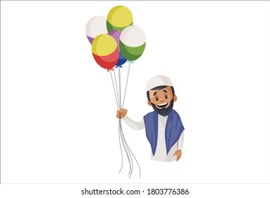 Vector graphic illustration. Indian Muslim man is holding balloons in hand. Individually on a white background.	