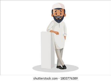 Vector graphic illustration. Indian Muslim man is smiling and standing with a pillar. Individually on white background.	