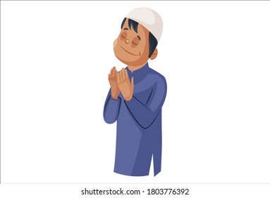 Vector graphic illustration. Indian Muslim man is standing and praying to God. Individually on white background.	