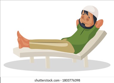 Vector graphic illustration. Indian Muslim man is sitting on the pool chair and relaxing. Individually on white background.	
