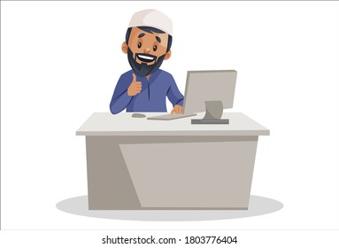 Vector Graphic Illustration. Indian Muslim Man Is Working On The Computer. Individually On White Background.	