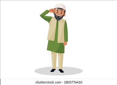 Vector graphic illustration. Indian Muslim man is giving a salute. Individually on white background.	