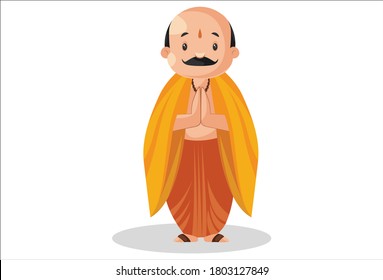 Vector graphic illustration. Indian pandit with greet hands. Individually on white background.	