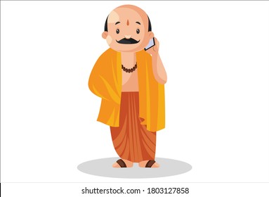 Vector graphic illustration. Indian pandit is talking on a mobile phone. Individually on white background.	