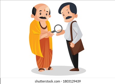 Vector graphic illustration. Indian pandit is seeing the palm of a man with a magnifying glass. Individually on white background.	