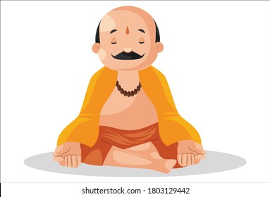 Vector graphic illustration. Indian pandit is doing meditation. Individually on white background.	