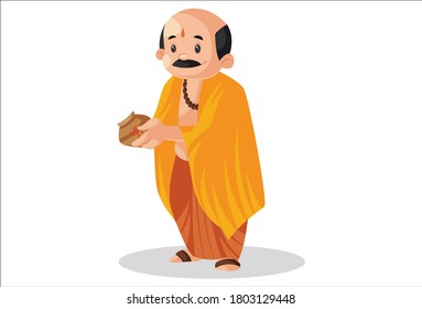 Vector graphic illustration. Indian pandit is holding a vase in hand. Individually on white background.	