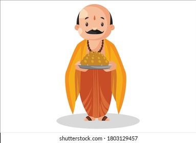 Vector graphic illustration. Indian pandit is holding a sweets plate in his hands. Individually on white background.	