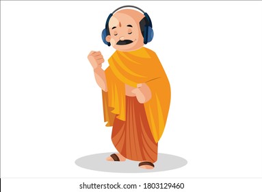 Vector graphic illustration. Indian pandit is wearing a headphone and listening to music. Individually on white background.	