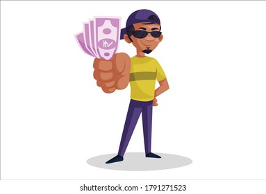 Vector graphic illustration. Indian photographer is wearing sunglasses and holding Indian rupees in hand. Individually on a white background.