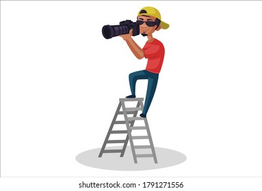 Vector graphic illustration. Indian photographer is standing on ladder and taking photos. Individually on a white background.