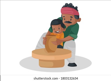 Vector graphic illustration. An Indian potter is making earthen pot on the spinning wheel with a child. Individually on white background.	