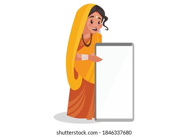 Vector graphic illustration. Indian priestess is holding whiteboard in hands. Individually on a white background.	