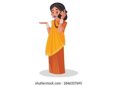Vector graphic illustration. Indian priestess is talking on a mobile phone. Individually on white background.
