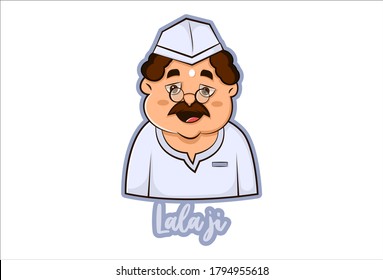 Vector graphic illustration of an Indian shopkeeper. Lala Ji Hindi text translation - shopkeeper. Individually on a white background.