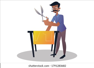 Vector graphic illustration. Indian tailor is holding scissors and cutting a dress. Individually on a white background.	