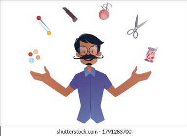 Vector graphic illustration. Indian tailor with its tools. Individually on a white background.	
