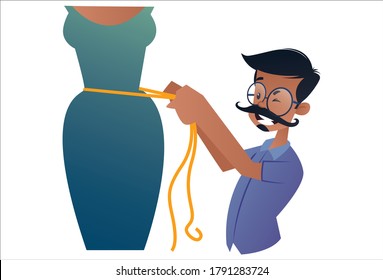 Vector graphic illustration. Indian tailor is measuring woman's waist for dress. Individually on a white background.	