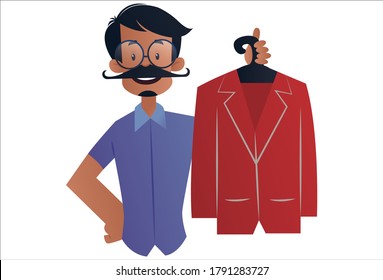 Vector graphic illustration. Indian tailor is holding coat in hand. Individually on a white background.	