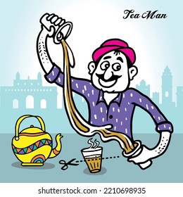 Vector graphic illustration of an Indian tea seller, Indian tea maker vector cartoon illustration, Tea man Mumbai.