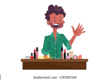 Vector graphic illustration. An Indian vendor is selling cosmetic products. Individually on white background.	