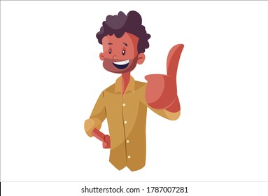 Vector graphic illustration. Indian vendor is showing thumbs up. Individually on white background.	