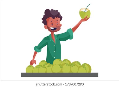 Vector graphic illustration of an Indian vendor selling coconut water. Individually on white background.	